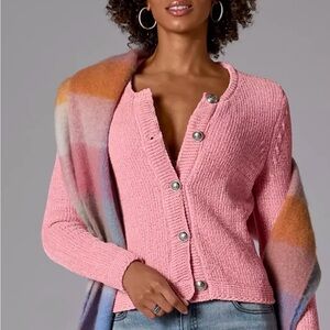 New Boston Proper Pink Textured V-Neck Cardigan with Silver Buttons